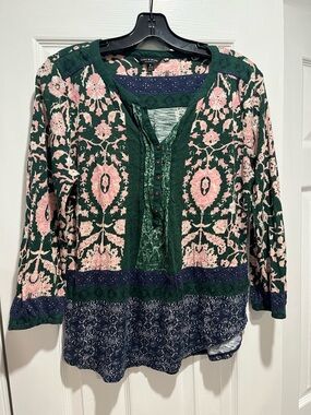 Lucky Brand Green & Pink Mixed-Print Henley Tunic